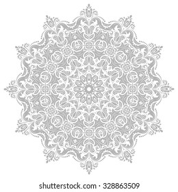 Damask vector floral round pattern with oriental silver elements. Abstract traditional ornament