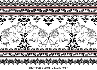 damask Vector Illustration of Thai Elephant ,design for fabric Textile and Surface Printing,ethnic tribal textile fabric,seamless pattern