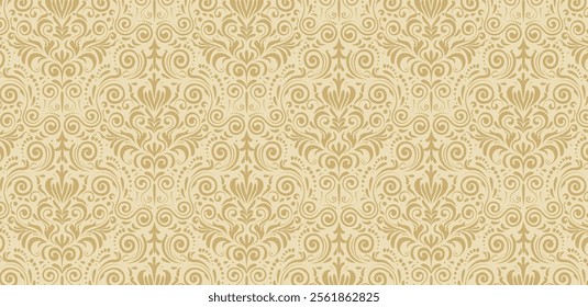 Damask vector pattern ornate floral. Classic beige and gold damask vector pattern with swirling floral motifs. Elegant and ornate repeating design