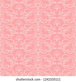 Damask Vector Seamless Pattern. Vintage Style Wallpaper, Carpet or Wrapping Paper Design. Pink and Gold Italian Medieval Floral Flourishes, Greek Flowers for Textures. Baroque Leaves