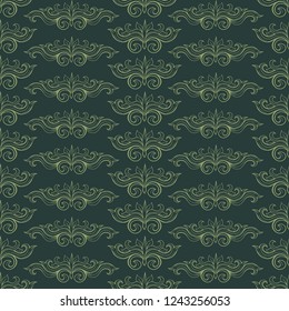 Damask Vector Seamless Pattern. Vintage Style Wallpaper, Carpet or Wrapping Paper Design. Green and Golden Italian Medieval Floral Flourishes, Greek Flowers for Textures. Baroque Leaves