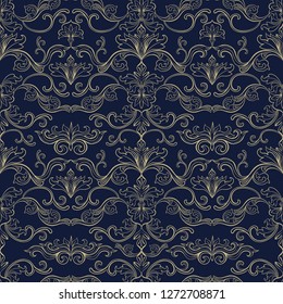 Damask Vector Seamless Pattern. Vintage Style Wallpaper, Carpet or Wrapping Paper Design. Blue and Golden Italian Medieval Floral Flourishes, Greek Flowers for Textures. Baroque Leaves