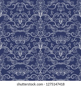 Damask Vector Seamless Pattern. Vintage Style Wallpaper, Carpet or Wrapping Paper Design. Blue Italian Medieval Floral Flourishes, Greek Flowers for Textures. Baroque Leaves for Scrapbooking.