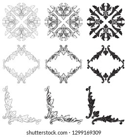 Damask vector set of vintage elements for design. Baroque Decorative design element filigree calligraphy vector. You can use for wedding decoration of greeting card and laser cutting.