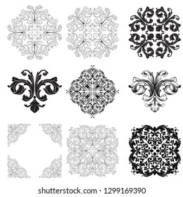 Damask vector set of vintage elements for design. Baroque Decorative design element filigree calligraphy vector. You can use for wedding decoration of greeting card and laser cutting.