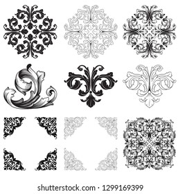 Damask vector set of vintage elements for design. Baroque Decorative design element filigree calligraphy vector. You can use for wedding decoration of greeting card and laser cutting.