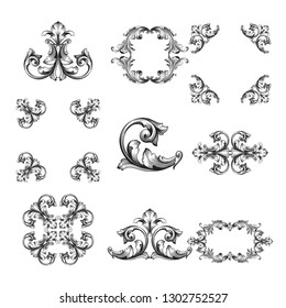 Damask vector set of vintage elements for design. Baroque Decorative design element filigree calligraphy vector. You can use for wedding decoration of greeting card and laser cutting.
