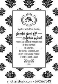 Damask victorian brocade pattern design for wedding invitation in black and white. Floral swirls royal frame and exquisite monogram.