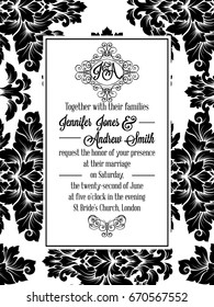 Damask victorian brocade pattern design for wedding invitation in black and white. Floral swirls royal frame and exquisite monogram.