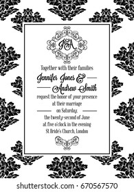 Damask victorian brocade pattern design for wedding invitation in black and white. Floral swirls royal frame and exquisite monogram.