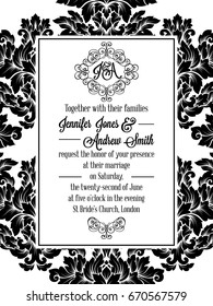 Damask victorian brocade pattern design for wedding invitation in black and white. Floral swirls royal frame and exquisite monogram