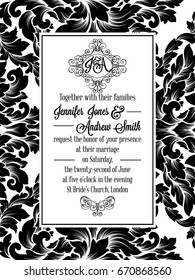 Damask victorian brocade pattern design for wedding invitation in black and white. Floral swirls royal frame and exquisite monogram.