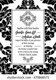Damask victorian brocade pattern design for wedding invitation in black and white. Floral swirls royal frame and exquisite monogram.