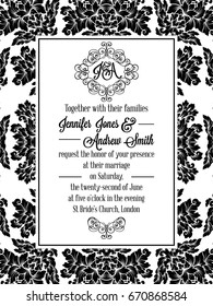 Damask victorian brocade pattern design for wedding invitation in black and white. Floral swirls royal frame and exquisite monogram.