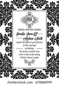Damask victorian brocade pattern design for wedding invitation in black and white. Floral swirls royal frame and exquisite monogram.