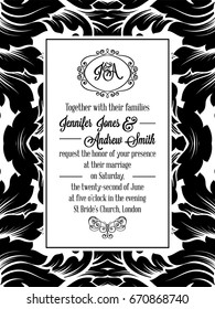 Damask victorian brocade pattern design for wedding invitation in black and white. Floral swirls royal frame and exquisite monogram.