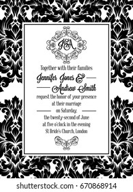 Damask victorian brocade pattern design for wedding invitation in black and white. Floral swirls royal frame and exquisite monogram.