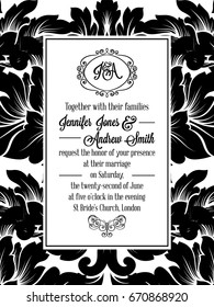 Damask victorian brocade pattern design for wedding invitation in black and white. Floral swirls royal frame and exquisite monogram.