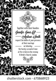 Damask victorian brocade pattern design for wedding invitation in black and white. Floral swirls royal frame and exquisite monogram.