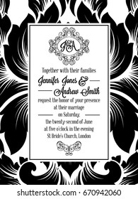 Damask victorian brocade pattern design for wedding invitation in black and white. Floral swirls royal frame and exquisite monogram.