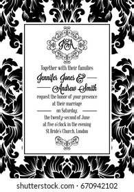 Damask victorian brocade pattern design for wedding invitation in black and white. Floral swirls royal frame and exquisite monogram.