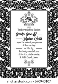 Damask victorian brocade pattern design for wedding invitation in black and white. Floral swirls royal frame and exquisite monogram.