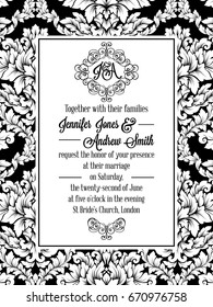 Damask victorian brocade pattern design for wedding invitation in black and white. Floral swirls royal frame and exquisite monogram.