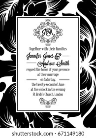 Damask victorian brocade pattern design for wedding invitation in black and white. Floral swirls royal frame and exquisite monogram.