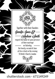 Damask victorian brocade pattern design for wedding invitation in black and white. Floral swirls royal frame and exquisite monogram.