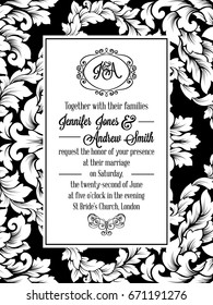 Damask victorian brocade pattern design for wedding invitation in black and white. Floral swirls royal frame and exquisite monogram.