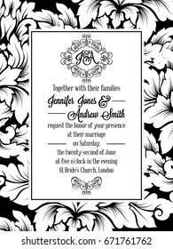 Damask victorian brocade pattern design for wedding invitation in black and white. Floral swirls royal frame and exquisite monogram.