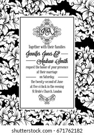 Damask victorian brocade pattern design for wedding invitation in black and white. Floral swirls royal frame and exquisite monogram.