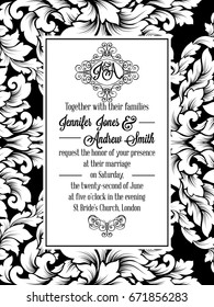 Damask victorian brocade pattern design for wedding invitation in black and white. Floral swirls royal frame and exquisite monogram.