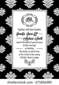 Damask victorian brocade pattern design for wedding invitation in black and white. Floral swirls royal frame and exquisite monogram.
