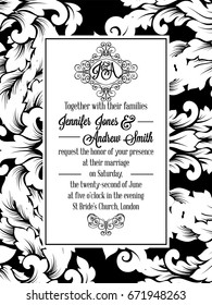 Damask victorian brocade pattern design for wedding invitation in black and white. Floral swirls royal frame and exquisite monogram.