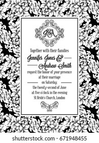 Damask victorian brocade pattern design for wedding invitation in black and white. Floral swirls royal frame and exquisite monogram.