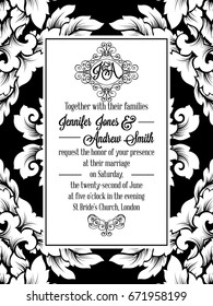 Damask victorian brocade pattern design for wedding invitation in black and white. Floral swirls royal frame and exquisite monogram.