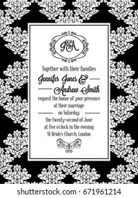Damask victorian brocade pattern design for wedding invitation in black and white. Floral swirls royal frame and exquisite monogram.