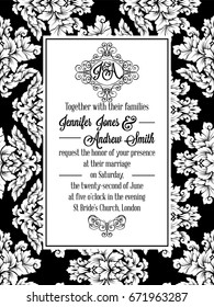 Damask victorian brocade pattern design for wedding invitation in black and white. Floral swirls royal frame and exquisite monogram.