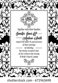 Damask victorian brocade pattern design for wedding invitation in black and white. Floral swirls royal frame and exquisite monogram.