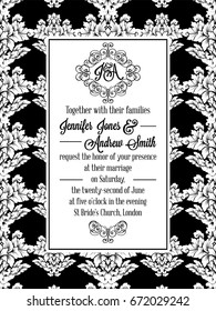 Damask victorian brocade pattern design for wedding invitation in black and white. Floral swirls royal frame and exquisite monogram.