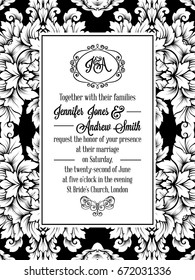 Damask victorian brocade pattern design for wedding invitation in black and white. Floral swirls royal frame and exquisite monogram.