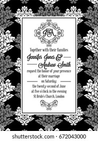 Damask victorian brocade pattern design for wedding invitation in black and white. Floral swirls royal frame and exquisite monogram.