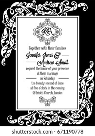 Damask victorian exquisite frame design for wedding invitation in black and white. Floral swirls baroque elements with monogram header.