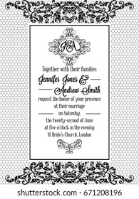 Damask victorian exquisite frame design for wedding invitation in black and white. Floral swirls baroque elements with monogram header.