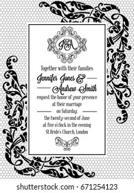 Damask victorian exquisite frame design for wedding invitation in black and white. Floral swirls baroque elements with monogram header.