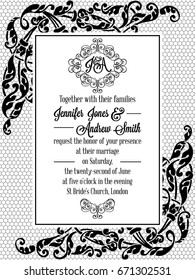 Damask victorian exquisite frame design for wedding invitation in black and white. Floral swirls baroque elements with monogram header.