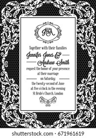 Damask victorian exquisite frame design for wedding invitation in black and white. Floral swirls baroque elements with monogram header.