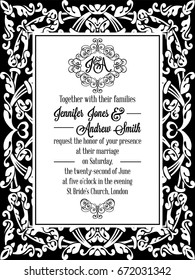 Damask victorian exquisite frame design for wedding invitation in black and white. Floral swirls baroque elements with monogram header.