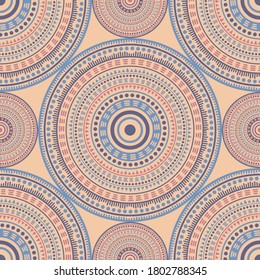 Damask vintage motifs seamless pattern. Circle medallion mandala geometric tiles. Fabric print template. Retro fashion pattern. Classic circular seamless ornament. Cute mandala design.
